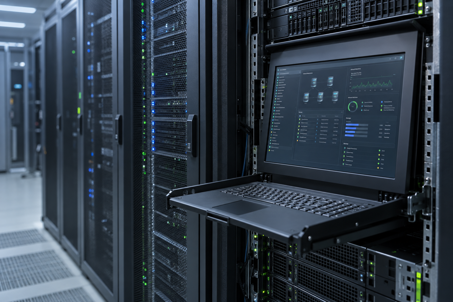 Consola de virtualización Proxmox en rack de servidores